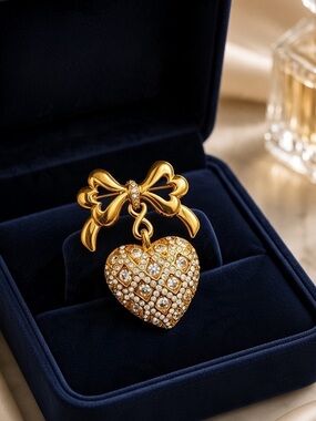 Vintage Signed Monet Rhinestone Bow & Dangling Quilted Heart Brooch Pin